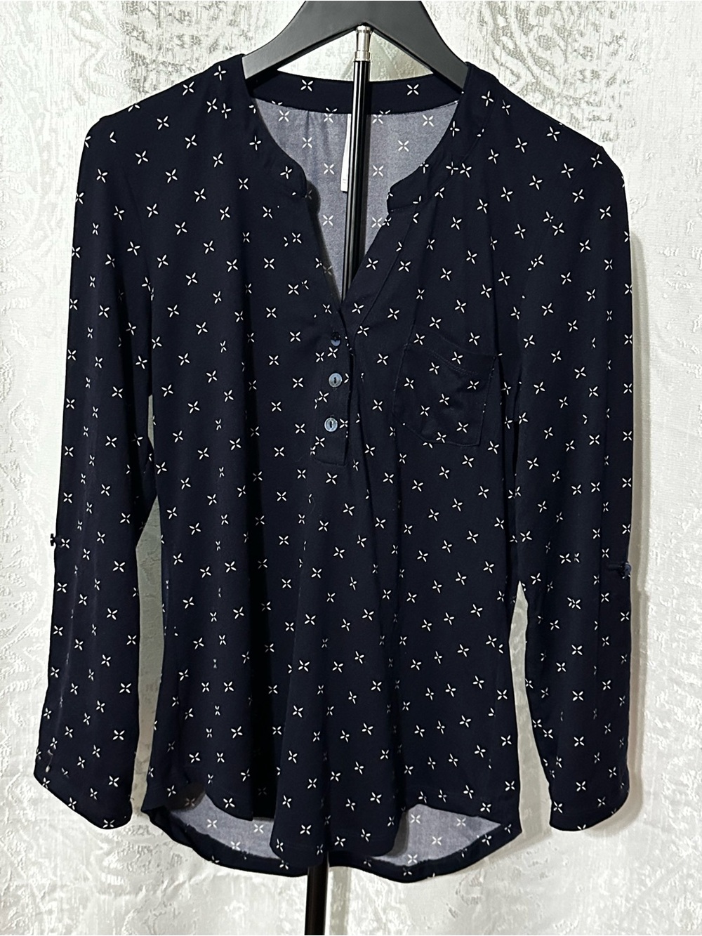 DNA couture Navy Patterned Henley Blouse, Large